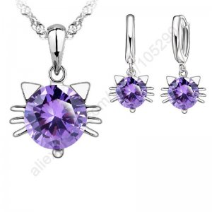 Elegant-2015-Women-Wedding-Jewelry-Sets925-Sterling-Silver-Swiss-Cubic-Zircon-CZ-Cute-Pretty-Cat-Necklace